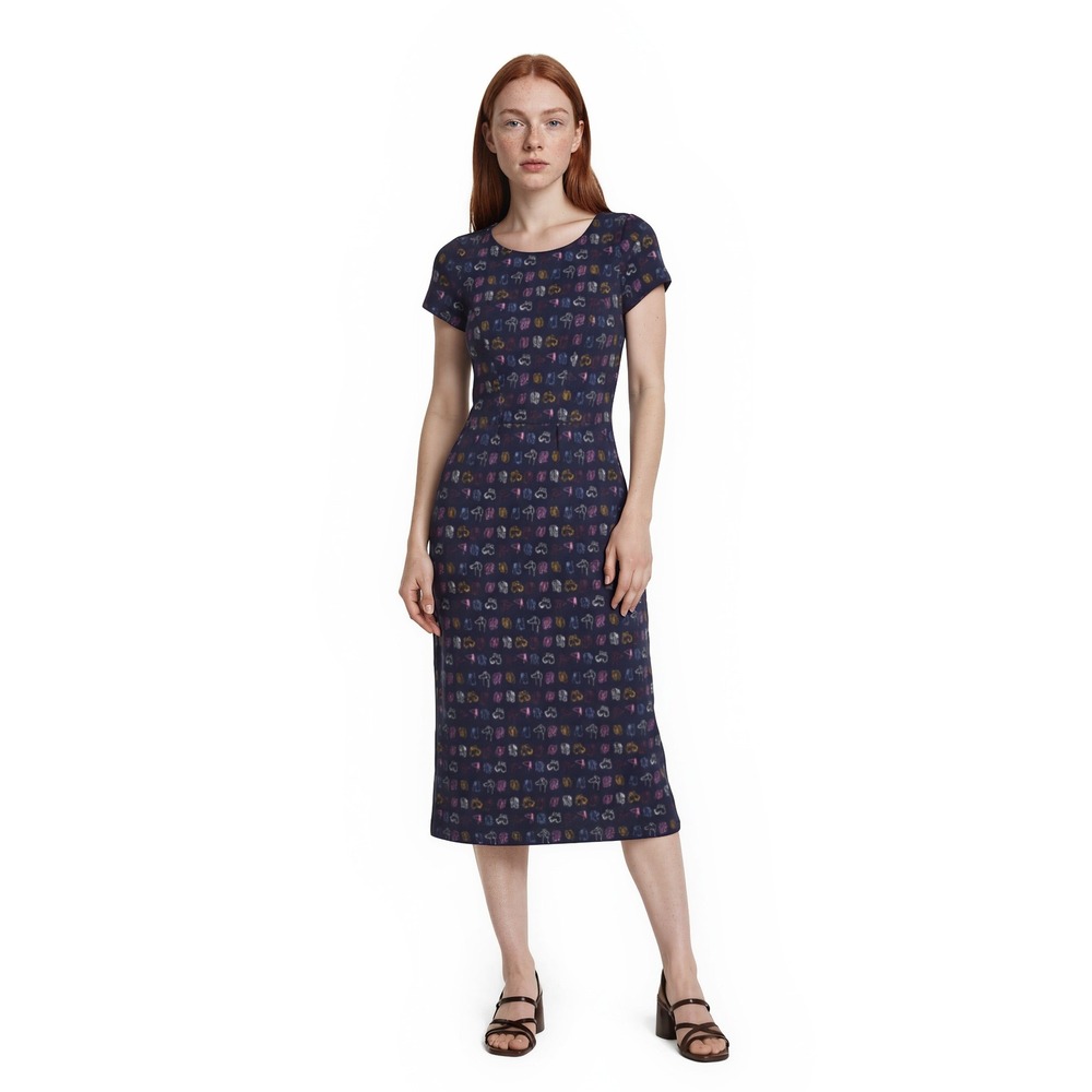 Boden Jersey Dress Womens 4L Navy Blue Dog Print Short Sleeve Cotton Midi Length